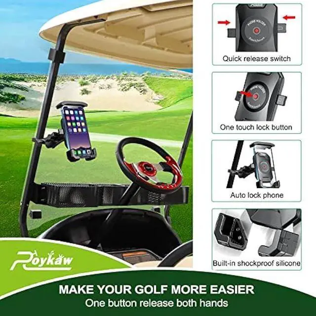 Alt view image 4 of 7 - Roykaw Golf Cart Phone Mount Holder for iPhone/Galaxy/Google Pixel/Motorola- Compatible with EZGO, Club Car, Yamaha, Upgrade Quick Release & One-Touch Lock