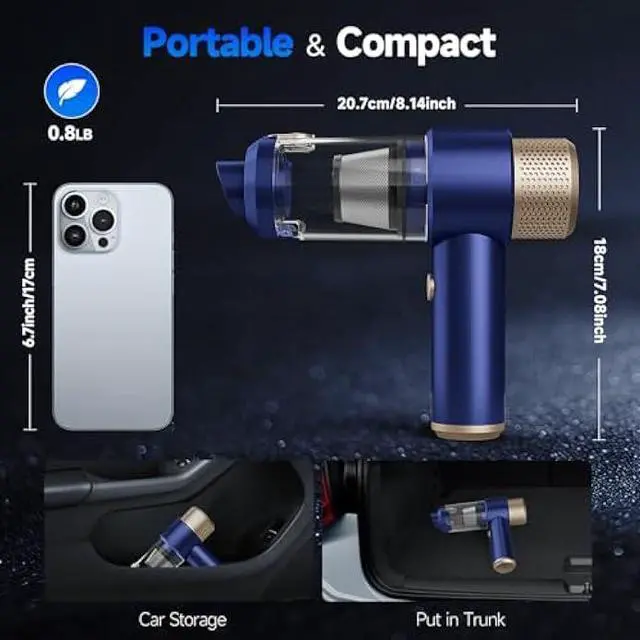 Alt view image 2 of 6 - Car Vacuum Cleaner, 16000PA Mini Car Vacuum Cordless Powerful, 7 in 1 Portable Handheld Vacuum Cordless with LED Light, Dual Filters, One-Touch Empty for Pet Hair, Home, Office