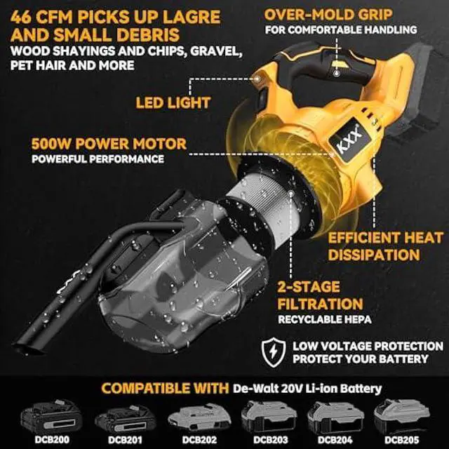 Alt view image 3 of 6 - Cordless Vacuum for Dewalt 20V Battery, 5 in 1 Handheld Electric Vacuum Cleaner with 500W Powerful Motor, 46 CFM Portable Hand Vacuum with Filtration HEPA for Floor, Carpet, Car (Battery Not Included)