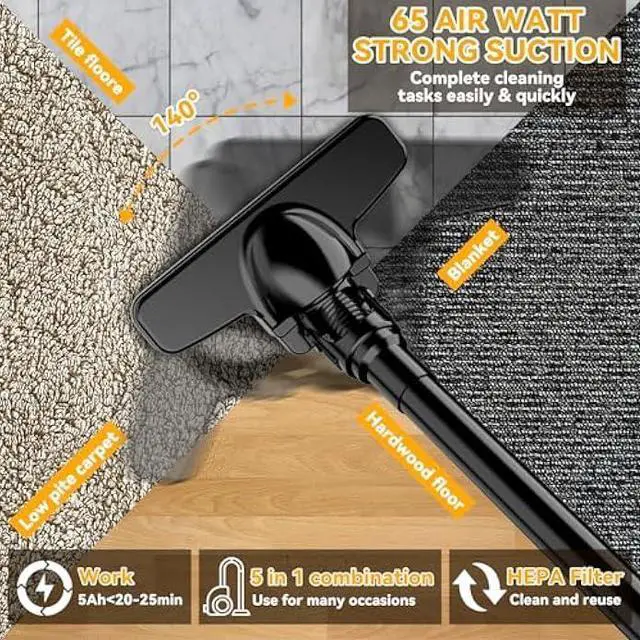 Alt view image 4 of 6 - Cordless Vacuum for Dewalt 20V Battery, 5 in 1 Handheld Electric Vacuum Cleaner with 500W Powerful Motor, 46 CFM Portable Hand Vacuum with Filtration HEPA for Floor, Carpet, Car (Battery Not Included)