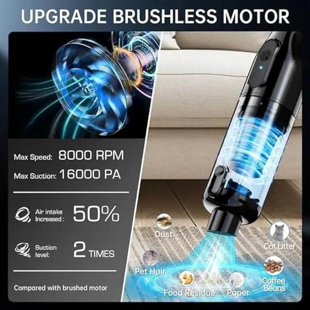 Alt view image 3 of 6 - Handheld Vacuum Cordless, Car Vacuum with 16000Pa Powerful Suction, Lightweight at 1.3 lbs, Type-C Charge, Multiple Accessories, Rechargeable Vacuum Cleaners for Home Office Car Pet