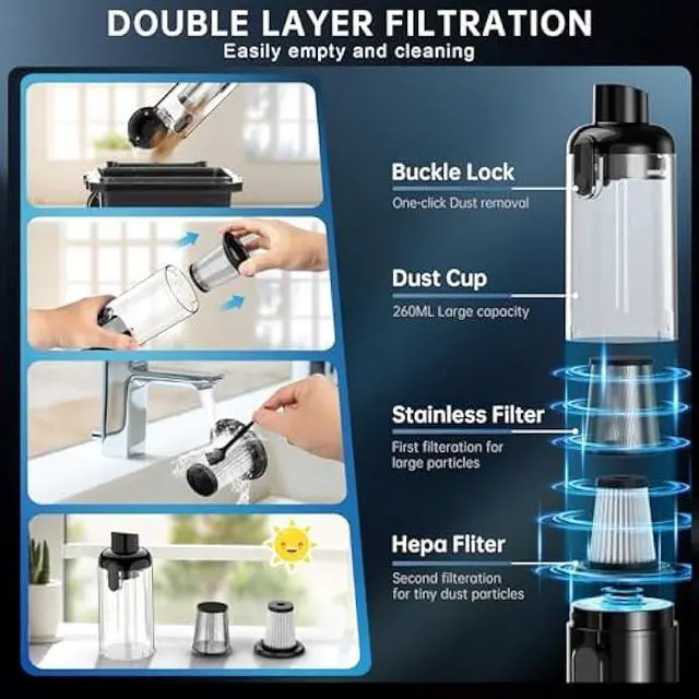 Alt view image 6 of 6 - Handheld Vacuum Cordless, Car Vacuum with 16000Pa Powerful Suction, Lightweight at 1.3 lbs, Type-C Charge, Multiple Accessories, Rechargeable Vacuum Cleaners for Home Office Car Pet