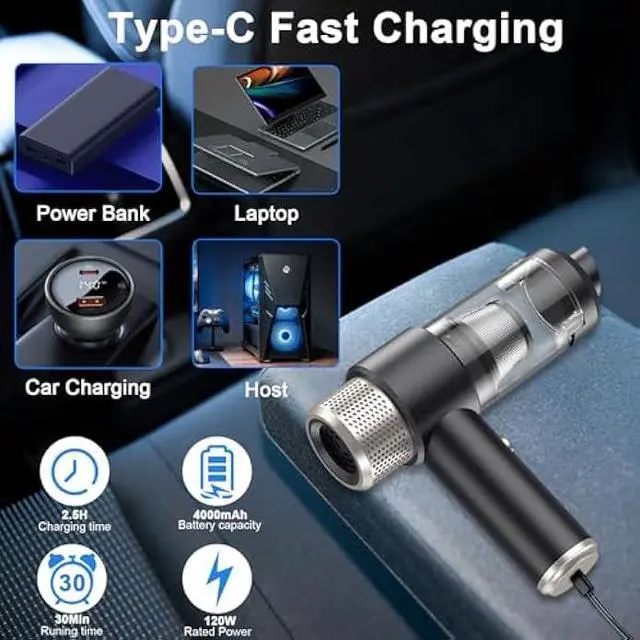 Alt view image 4 of 7 - Handheld Car Vacuum Cleaner,Vacuum Black Cleaner with LED Ligh,Air Duster, 16000PA PortableHand Held Vacuum Suitable for in car, Home,OutdoorsOffice, Pet Clean