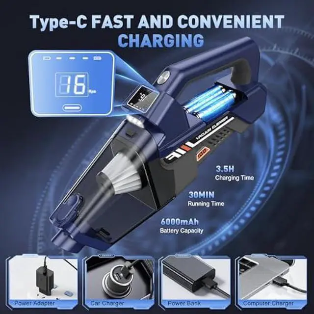 Alt view image 5 of 7 - JONYJ Handheld Vacuum Cordless, 16000PA High Power Car Vacuum Cleaner, Portable Hand Held Vacuum Cleaner with LED Light & Multi-Nozzles, Dust Buster Rechargeable for Home, Car, Office, Pets