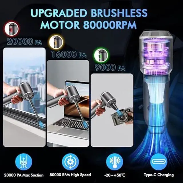 Alt view image 2 of 5 - 80,000RPM Cordless Car Vacuum & Air Duster 4-in-1 High Power 20000PA Handheld Blower/Pump with Brushless Motor, LED Power Display, 3 Speed for Home/Camping/Pet Hair (Silver)