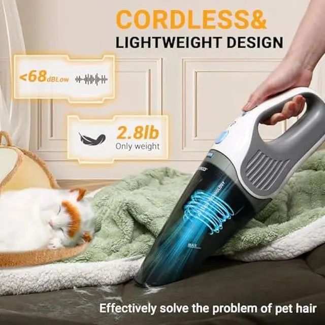 Alt view image 2 of 5 - DEKOPRO Cordless Handheld Portable Vacuum Cleaner, Small Rechargeable with 8000PA Powerful Suction, Car Vacuum with Multi Accessories to Clean Home, Pet Hair and Car, White