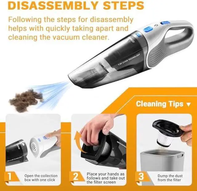 Alt view image 3 of 5 - DEKOPRO Cordless Handheld Portable Vacuum Cleaner, Small Rechargeable with 8000PA Powerful Suction, Car Vacuum with Multi Accessories to Clean Home, Pet Hair and Car, White