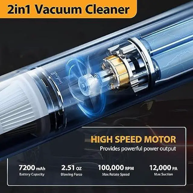 Alt view image 3 of 5 - WHATOOK Car Vacuum Cleaner Cordless: 3 in 1 Powerful Handheld Vacuum & Air Duster, 12000PA Lightweight Mini Portable Rechargeable Hand Held Hoover Suitable for Cleaning Office Cars Homes Pets Hair