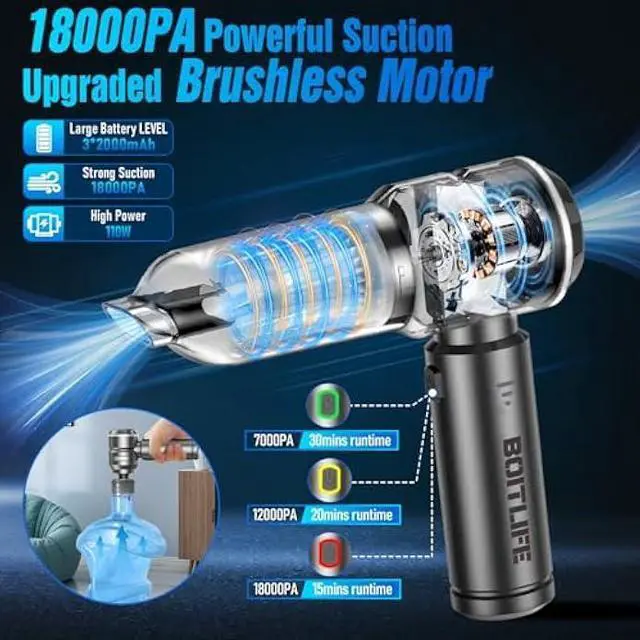 Alt view image 2 of 6 - Handheld Car Vacuum Cleaner Cordless,18000PA High Power Portable Vacuum Cleaner&Air Duster,3 Gear,7 in 1 Small Vacuum Cleaner Rechargeable,Mini Hand Held Vacuum for Car Home Office Keyboard