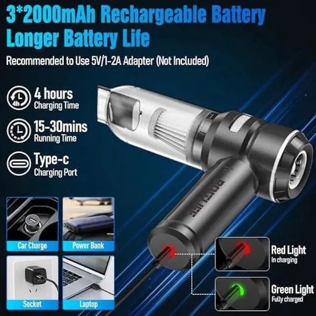 Alt view image 6 of 6 - Handheld Car Vacuum Cleaner Cordless,18000PA High Power Portable Vacuum Cleaner&Air Duster,3 Gear,7 in 1 Small Vacuum Cleaner Rechargeable,Mini Hand Held Vacuum for Car Home Office Keyboard