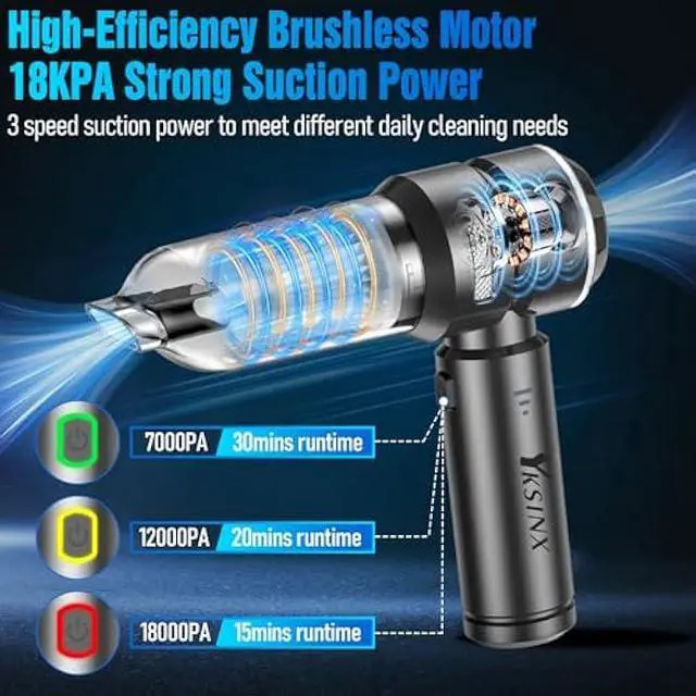 Alt view image 2 of 6 - Car Vacuum Cleaner High Power,18000PA Handheld Vacuum Cordless with Brushless Motor,4 in 1 Portable Mini Vacuum Cleaner & Air Duster,3 Gear,Small Handheld Vacuum Rechargeable for Car,Home