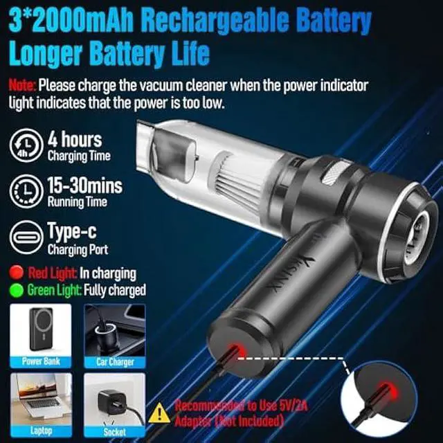 Alt view image 6 of 6 - Car Vacuum Cleaner High Power,18000PA Handheld Vacuum Cordless with Brushless Motor,4 in 1 Portable Mini Vacuum Cleaner & Air Duster,3 Gear,Small Handheld Vacuum Rechargeable for Car,Home