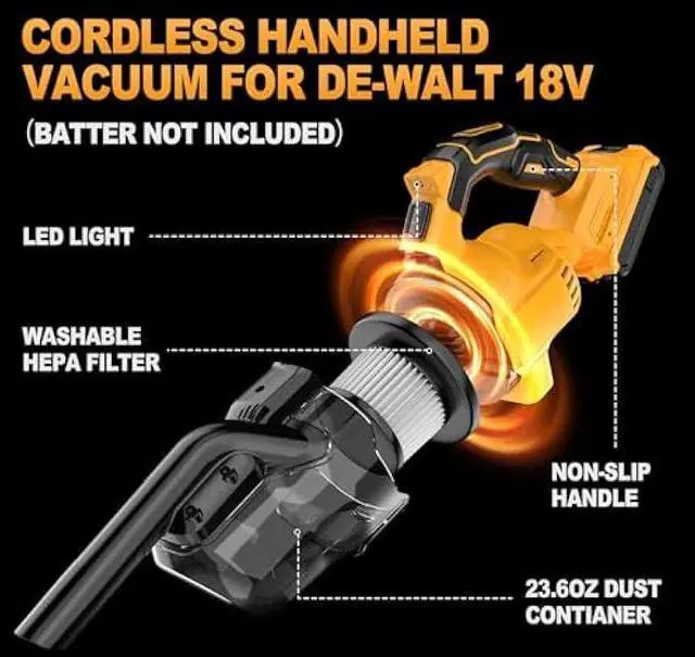 Alt view image 3 of 5 - Cordless Vacuum for Dewalt 20V Battery, Portable Handheld Vacuum Cleaner with 2 HEPA Filter, 4 Multi Nozzle, Power Shop Vacuum for Home, Car, Floor, Carpet (Battery Not Included)