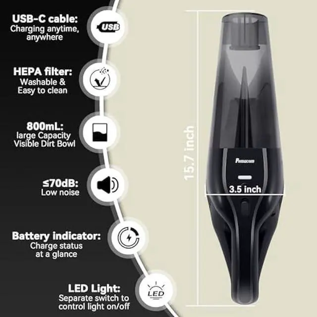 Alt view image 2 of 5 - Portable Handheld Vacuum Cordless  10,000Pa Suction Power, Lightweight 1.8 lbs, Washable HEPA Filter, LED Light, Quiet, 800ml Dustbin, Perfect for Home
