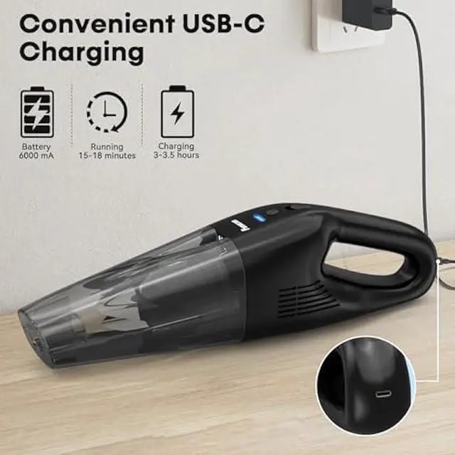 Alt view image 3 of 5 - Portable Handheld Vacuum Cordless  10,000Pa Suction Power, Lightweight 1.8 lbs, Washable HEPA Filter, LED Light, Quiet, 800ml Dustbin, Perfect for Home