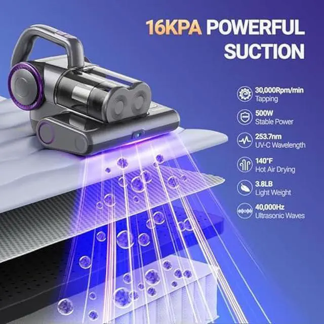 Alt view image 2 of 5 - FEPPO Mattress Vacuum Cleaner, 16Kpa Bed Vacuum Cleaner with 253.7nm UV-C Light, 140°F Heat, HEPA Filter & Ultrasonic, Versatile Handheld Vacuums for Bed, Sofa, Couch, Crib(Corded, 500W)