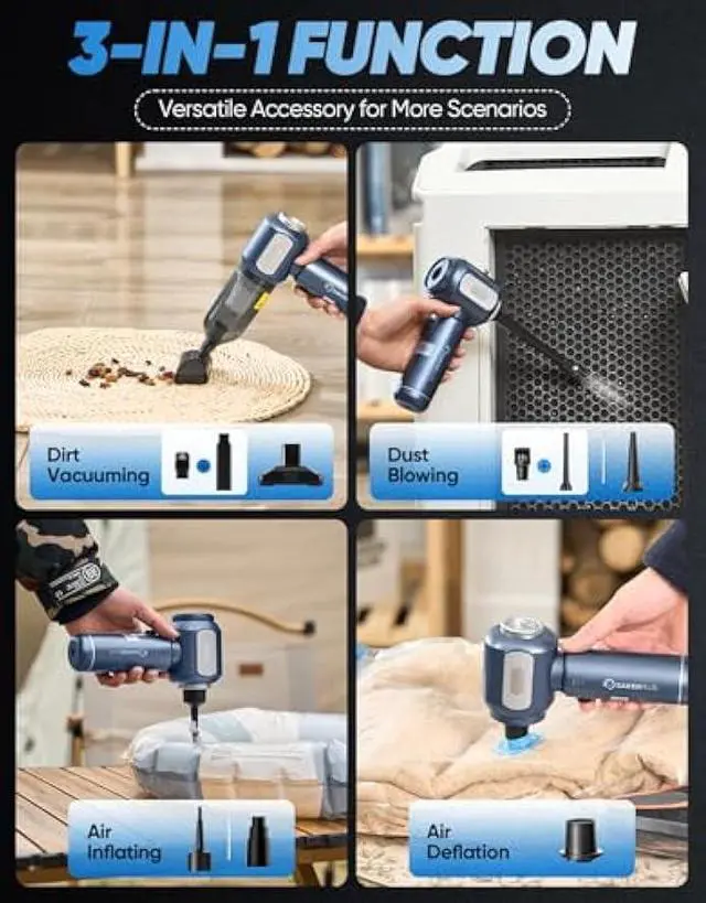 Alt view image 3 of 5 - Mini Vacuum Cleaner, Cordless Car Vacuum, 17500PA High Suction, 3 in 1 Handheld Vacuum, Vacuuming, Blowing, Inflating, Deflation, Portable Vaccum with HEPA Filter for Cars,Desktop,Home SW106