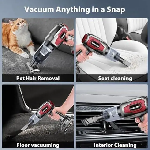 Alt view image 4 of 6 - sunzone Handheld Car Vacuum Cleaner, Cordless Vacuum Cleaner with 20KPa Powerful Suction and Blower, Portable Hand Held Vacuum with Multi-Nozzles for Car, Home, Office, Pet (Red)