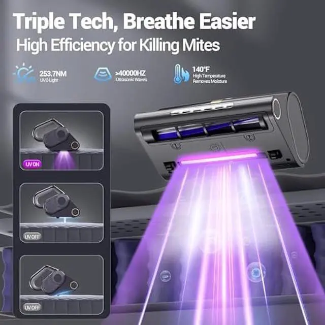 Alt view image 3 of 5 - Bed Vacuum Cleaner with UV-C Light, 16Kpa Suction 500W Powerful Double-Cup Handheld Vacuums, Mattress Vacuum Cleaner with Dust Sensor, Ultrasonic, Heating Tech, HEPA Filter, Corded - Black