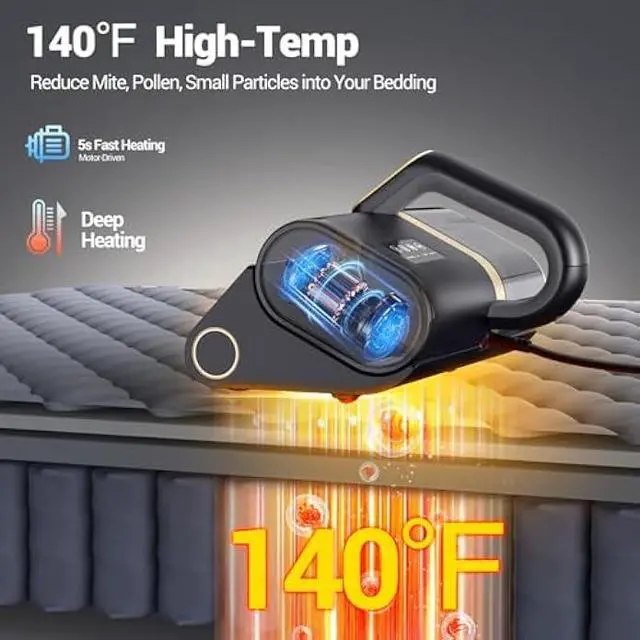 Alt view image 4 of 5 - Bed Vacuum Cleaner with UV-C Light, 16Kpa Suction 500W Powerful Double-Cup Handheld Vacuums, Mattress Vacuum Cleaner with Dust Sensor, Ultrasonic, Heating Tech, HEPA Filter, Corded - Black