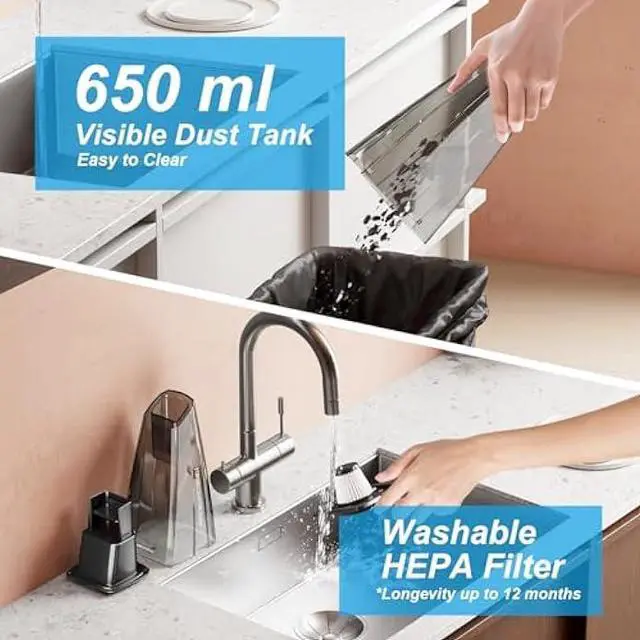 Alt view image 6 of 6 - 9700Pa Handheld Vacuum Cordless, 100W Portable Car Vacuum, Wet Dry Hand Held Vacuum, Lightweight Low-Noise Washable HEPA Filter Vacuum Cleaner for Car/Home/Pet/Office