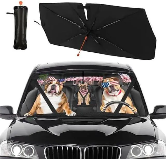 Main image of American Flag Car Windshield Sun Shade Umbrella Bendable Handle Foldable Funny Bulldog Sunshade for Car Windshield Block UV Rays Keep Vehicle Cool for Most Sedans SUV Trucks Cars 57x30