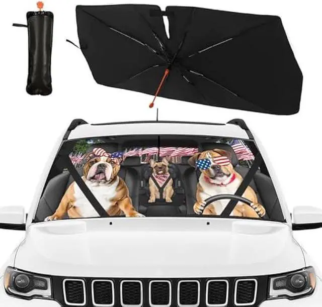 Alt view image 2 of 7 - American Flag Car Windshield Sun Shade Umbrella Bendable Handle Foldable Funny Bulldog Sunshade for Car Windshield Block UV Rays Keep Vehicle Cool for Most Sedans SUV Trucks Cars 57x30