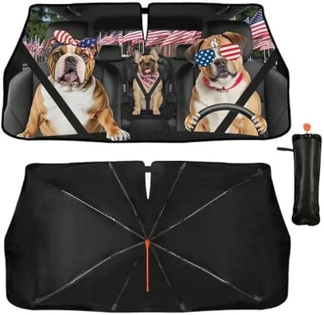 Alt view image 3 of 7 - American Flag Car Windshield Sun Shade Umbrella Bendable Handle Foldable Funny Bulldog Sunshade for Car Windshield Block UV Rays Keep Vehicle Cool for Most Sedans SUV Trucks Cars 57x30