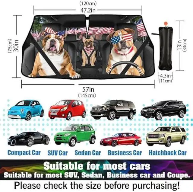 Alt view image 6 of 7 - American Flag Car Windshield Sun Shade Umbrella Bendable Handle Foldable Funny Bulldog Sunshade for Car Windshield Block UV Rays Keep Vehicle Cool for Most Sedans SUV Trucks Cars 57x30