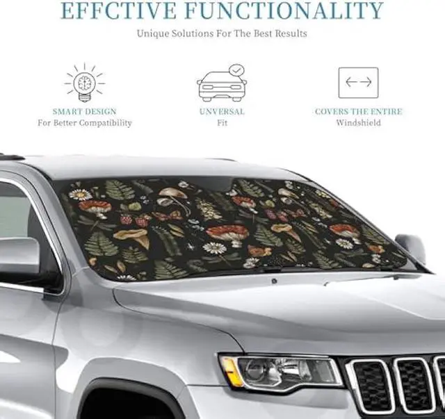 Alt view image 3 of 5 - Windshield Sun Shade Vintage Magic Mushroom Leaf Forest Car Front Window Sunshade Blocker UV Visor Retractable Automotive Sunshades for Vehicle SUV Truck Protector 51x27.5 inch