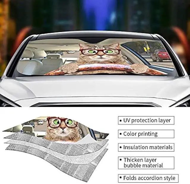 Alt view image 5 of 5 - Fun Cute Cat Driving Car Front Windshield Sun Shade,Auto Sunshade for Car Truck SUV - Blocks Uv Rays Sun Visor Protector (51 X 27.5Inch,Upgrade Hardened)