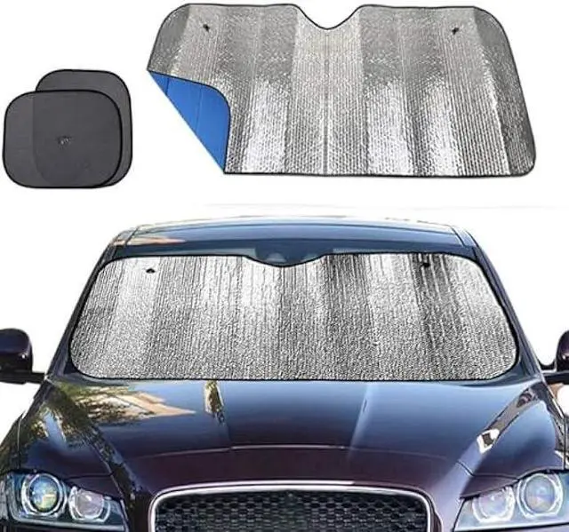 Main image of Big Hippo Windshield Sun Shade,Car Sun Shade Side Window as Bonus,Car Sunshade Windshield,Reflect Sunlight Heat and UV Rays, Protect Interior,Keep Vehicle Cool,Silver/Blue(55.16X 27.5inches)