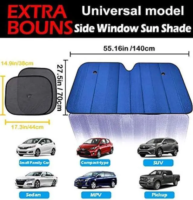 Alt view image 3 of 5 - Big Hippo Windshield Sun Shade,Car Sun Shade Side Window as Bonus,Car Sunshade Windshield,Reflect Sunlight Heat and UV Rays, Protect Interior,Keep Vehicle Cool,Silver/Blue(55.16X 27.5inches)