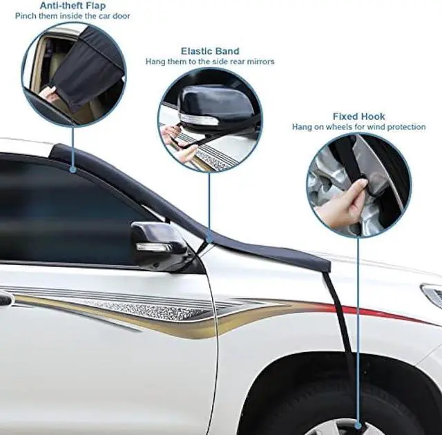 Alt view image 3 of 6 - Cosyzone Windshield Cover for Ice and Snow, XL Size (Black)-600D Oxford Fabric Weatherproof for Winter, Includes Anti-Theft Straps&Storage Bag, Fits Most Cars, Trucks, Vans, SUVs(70.86 x 51.2 inches)