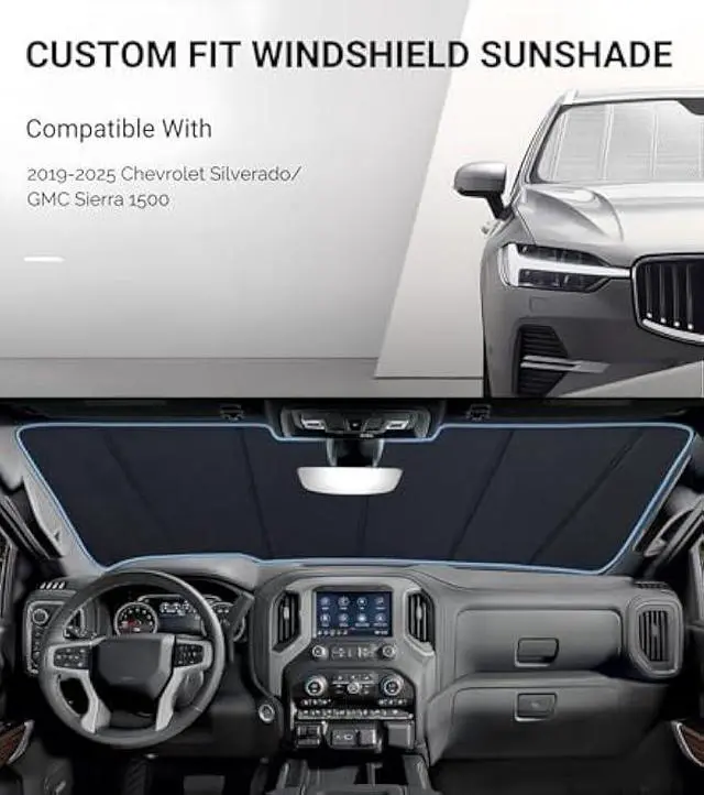 Alt view image 2 of 6 - Windshield Sun Shade for Chevrolet Silverado/GMC Sierra 1500/2500HD/3500HD for 2019-2026. Reflective Aluminum Film Front Window Sunshade - BLAZBLOCK