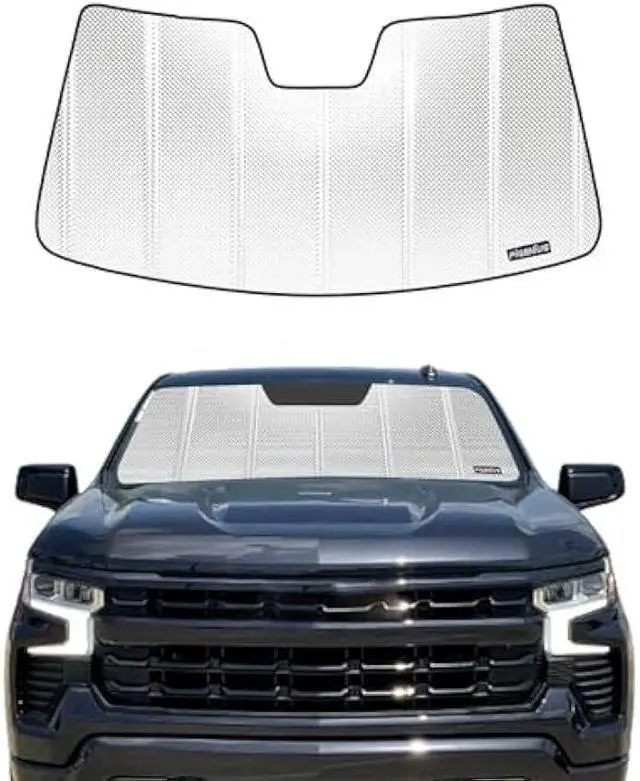 Main image of Windshield Sun Shade for Chevrolet Silverado/GMC Sierra 1500/2500HD/3500HD for 2019-2026. Reflective Aluminum Film Front Window Sunshade - BLAZBLOCK