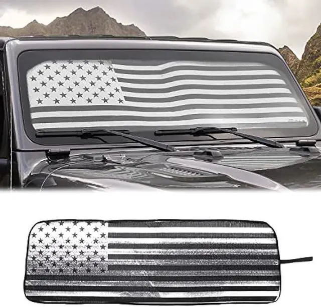 Main image of Voodonala for Jeep JL Windshield Sunshade Window Sun Shade Sun Visor Shade Panel for 2018-2025+Jeep Wrangler JL JLU 2/4Door Gladiator JT 4xe Foldable Sun Shield Cover Block Heat and Block UV Rays Flag