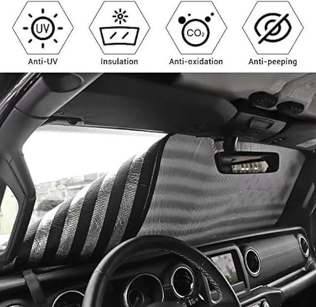 Alt view image 3 of 7 - Voodonala for Jeep JL Windshield Sunshade Window Sun Shade Sun Visor Shade Panel for 2018-2025+Jeep Wrangler JL JLU 2/4Door Gladiator JT 4xe Foldable Sun Shield Cover Block Heat and Block UV Rays Flag