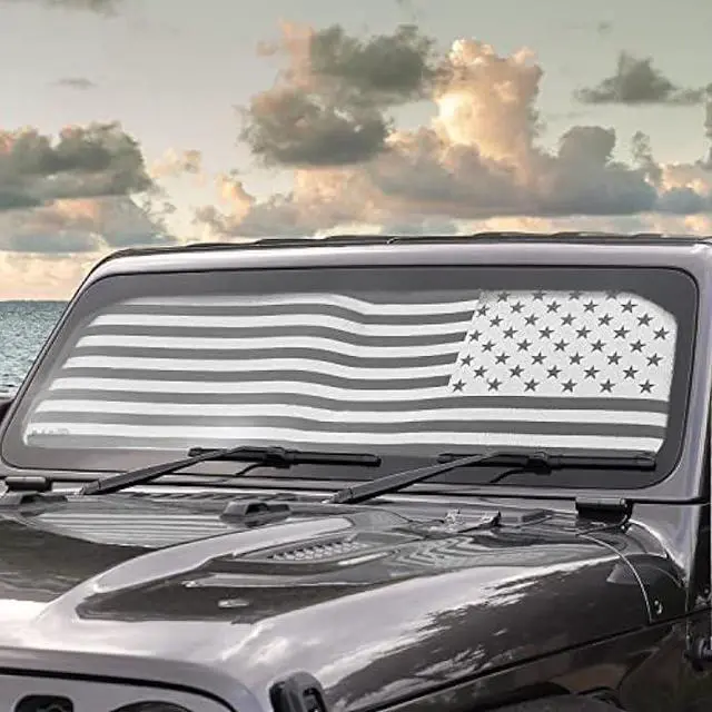 Alt view image 7 of 7 - Voodonala for Jeep JL Windshield Sunshade Window Sun Shade Sun Visor Shade Panel for 2018-2025+Jeep Wrangler JL JLU 2/4Door Gladiator JT 4xe Foldable Sun Shield Cover Block Heat and Block UV Rays Flag