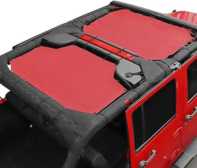 Main image of JeCar JKU Sun Shade Mesh Sunshade Provides UV Sun Protection Exterior Accessories for Jeep Wrangler 2007-2018 JK Unlimited 4 Door Front & Rear, Red