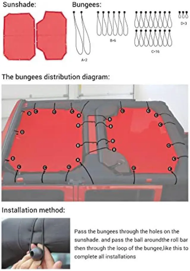 Alt view image 6 of 7 - JeCar JKU Sun Shade Mesh Sunshade Provides UV Sun Protection Exterior Accessories for Jeep Wrangler 2007-2018 JK Unlimited 4 Door Front & Rear, Red
