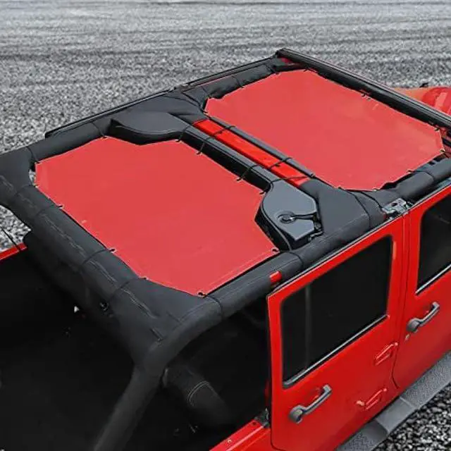 Alt view image 7 of 7 - JeCar JKU Sun Shade Mesh Sunshade Provides UV Sun Protection Exterior Accessories for Jeep Wrangler 2007-2018 JK Unlimited 4 Door Front & Rear, Red