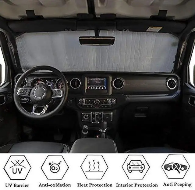 Alt view image 4 of 7 - JeCar Windshield Sun Shade Foldable Sun Visor Aluminum Foil Sunshade Interior Accessories Compatible with Jeep Wrangler 2018-2023 JL JLU & 2020-2023 Gladiator JT