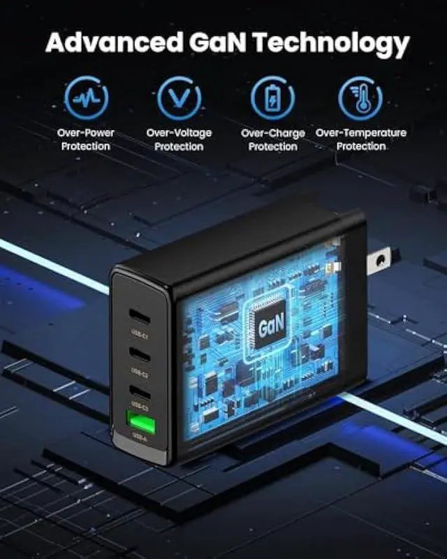 Alt view image 4 of 5 - 100W USB C Charger Block,4-Port GaN Fast Charger Compatible with MacBook Pro, MacBook Air, Google Pixelbook, ThinkPad, Dell XPS, iPad Pro, Galaxy iPhone All USB C Devices 6ft