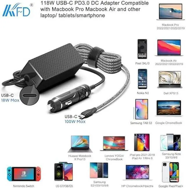 Alt view image 3 of 6 - KFD PD118W 100W 90W USB-C Laptop Car Charger DC Adapter Power Supply for DJI Mavic MacBook Pro Air M4 LG Gram Razer MSI Dell HP Lenovo Acer Samsung Asus Rog Ally Surface Laptop Tablet Phone Speaker