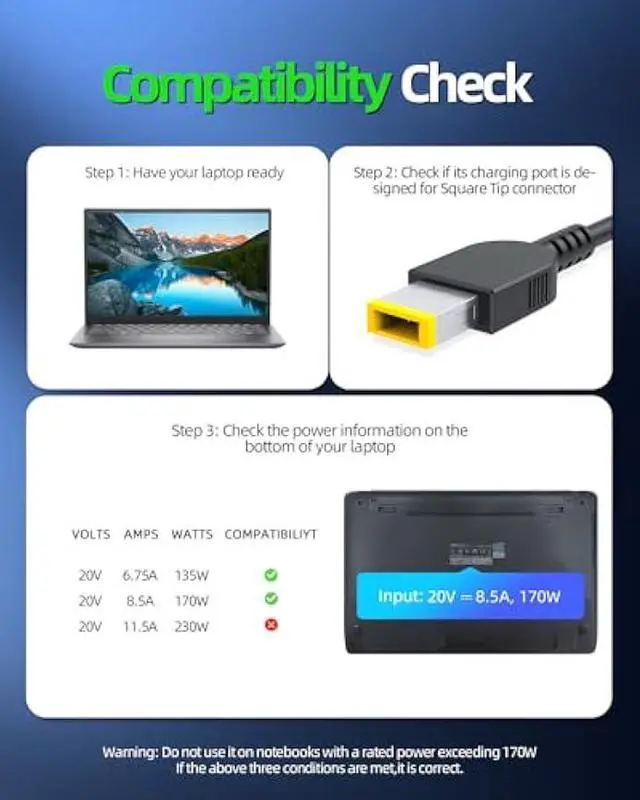 Alt view image 3 of 7 - 170W AC Slim tip Charger Replacement for Lenovo Thinkpad T15g T15p P15v P16v P15 P16 P17 Gen 3 2 1, P1 Gen 1 2 3 4 5 6 7, X1 Extreme Gen 1 2 3 4 5, P70 P71 P73 P50 P51 P52 P53 W540 W541 Laptop