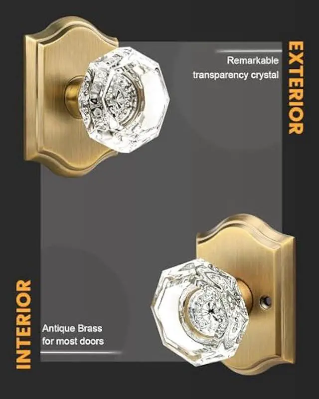 Alt view image 2 of 5 - Gobrico Octagonal Diamond Crystal Doorknob in Antique Brass for Hall/Closet,Passage Function for Interior Room,Keyless,1 Pack