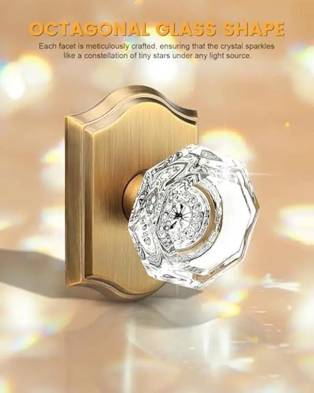 Alt view image 3 of 5 - Gobrico Octagonal Diamond Crystal Doorknob in Antique Brass for Hall/Closet,Passage Function for Interior Room,Keyless,1 Pack