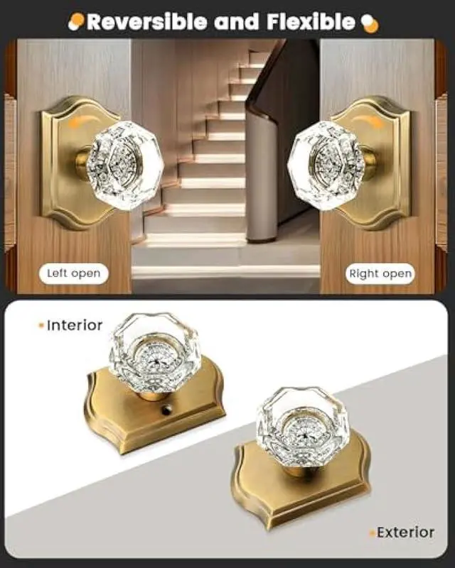 Alt view image 5 of 5 - Gobrico Octagonal Diamond Crystal Doorknob in Antique Brass for Hall/Closet,Passage Function for Interior Room,Keyless,1 Pack