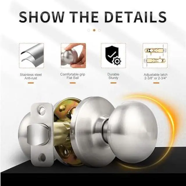 Alt view image 2 of 6 - Probrico Door Knobs Interior, Passage Brushed Nickel Hall/Closet Door Knob,Stainless Steel Interior Non-Locking Door Knob, 1 Pack